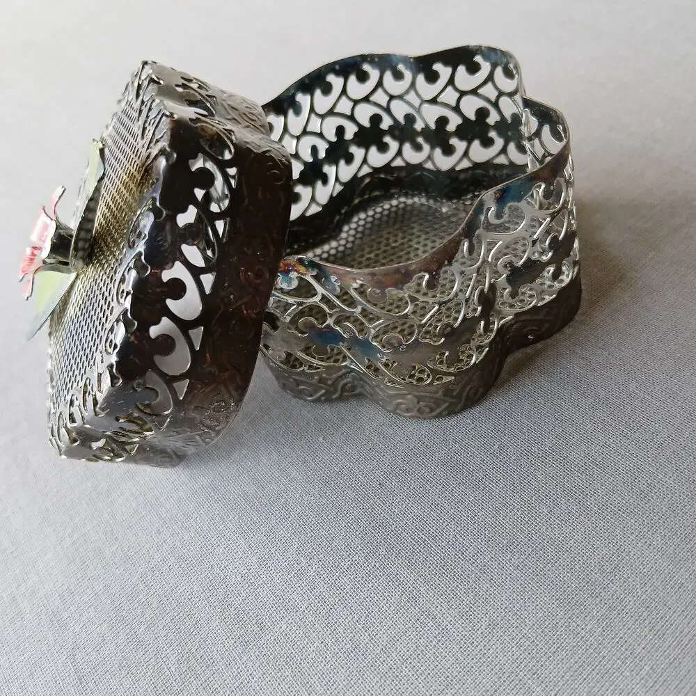 Vintage Filigree Metal Flower Top Box 2.5